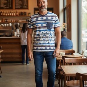 On the Byas Blue and White Aztec Patterned T-Shirt